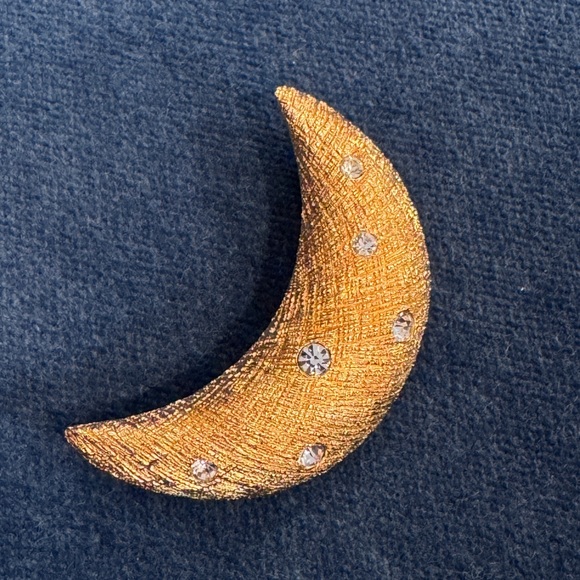 Vintage CD DIOR gold tone with crystals Crescent Moon Brooch Pin‎ .